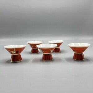Vtg Set Of 5 Japanese Sake Cups Red White Porcelain Cranes & Mt. Fuji Design